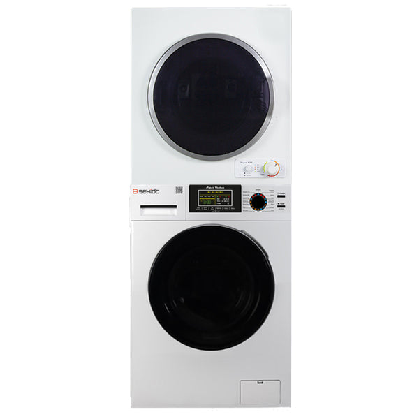 Sekido 18 Lbs White Super Washer 13 Lbs White Compact Dryer - Ensemble empilable + Kit de superposition arrière RSK 3070+ IVK 1055 Kit de ventilation 